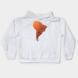 Colorful mandala art map of South America with text in brown and orange Kids Hoodie